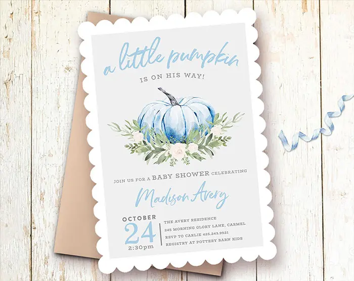 boy little pumpkin baby shower invitation with scalloped edges