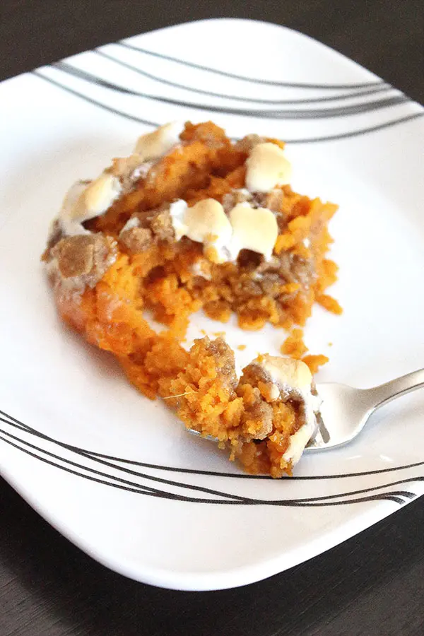 single serving of sweet potato casserole on a plate