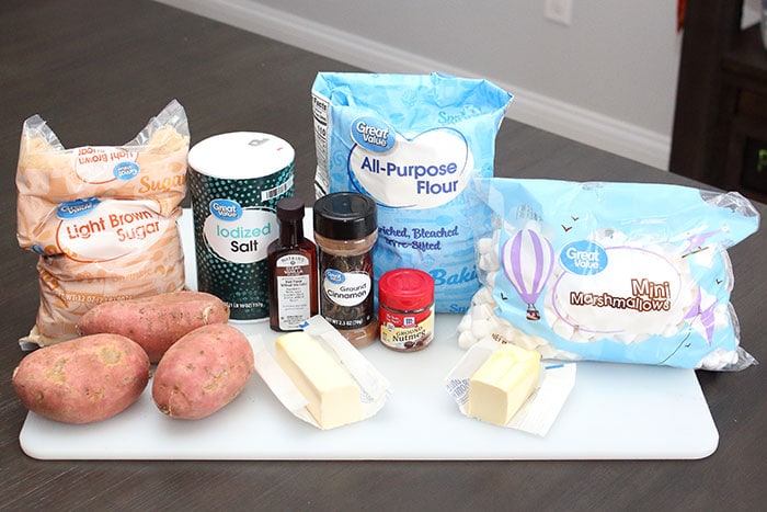 ingredients for sweet potato casserole with streusel and marshmallows