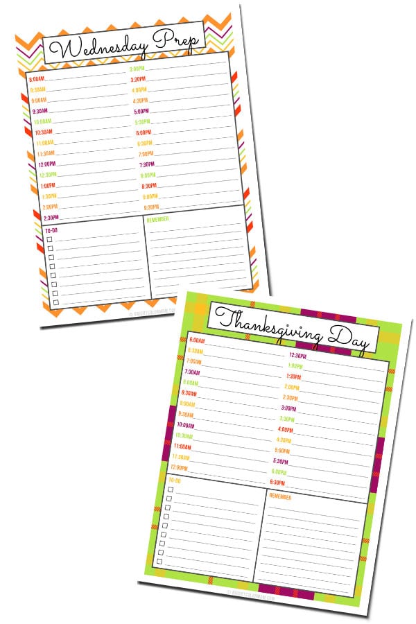 Thanksgiving cooking schedule printable pages for Wednesday prep and Thanksgiving Day
