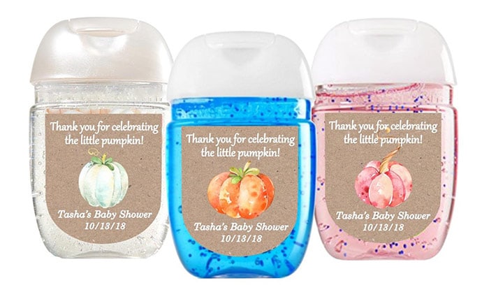 little pumpkin baby shower hand sanitizer pocket back labels