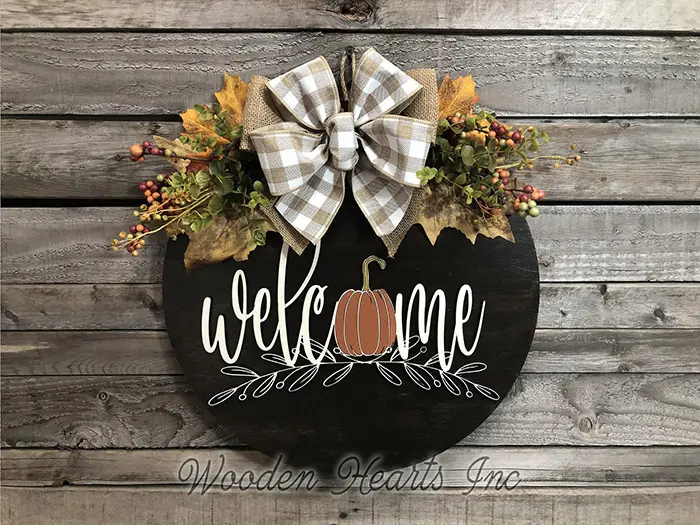 pumpkin wood round welcome sign