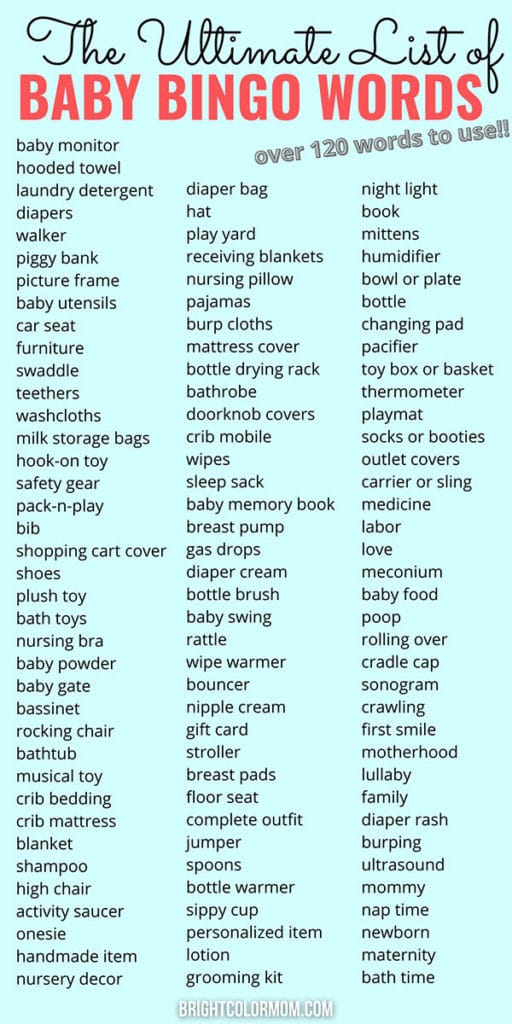 baby shower bingo words list