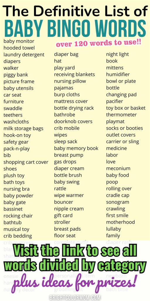 a list of baby bingo words to use on baby shower bingo cards