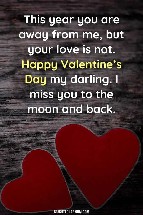 This year you are away from me, but your love is not. Happy Valentine's Day my darling. I miss you to the moon and back.