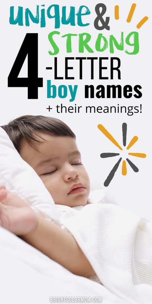 text: unique & strong 4-letter boy names and their meanings! Photo of a sleeping baby boy