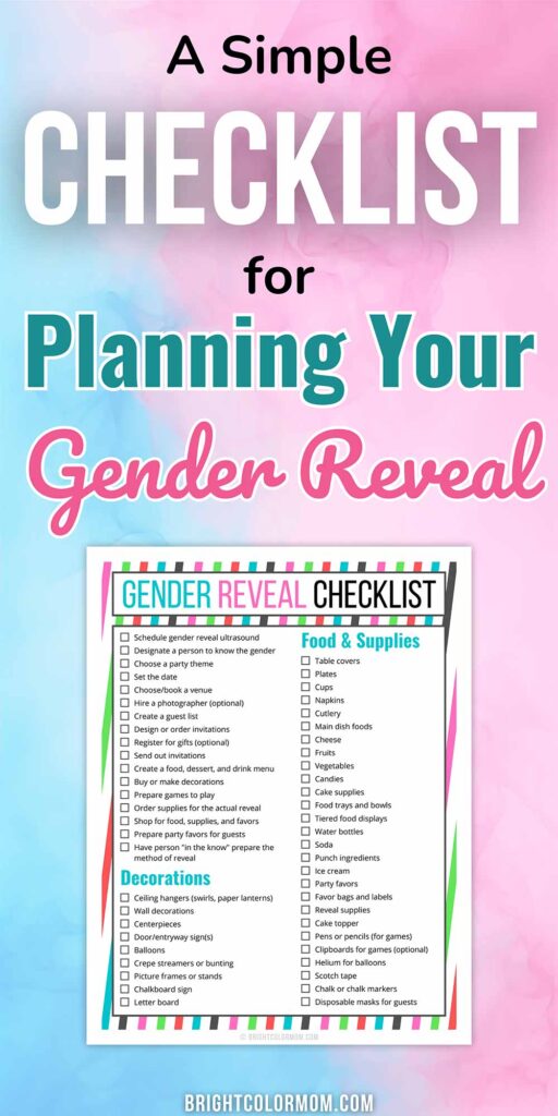 gender reveal checklist page on a blue and pink marble background