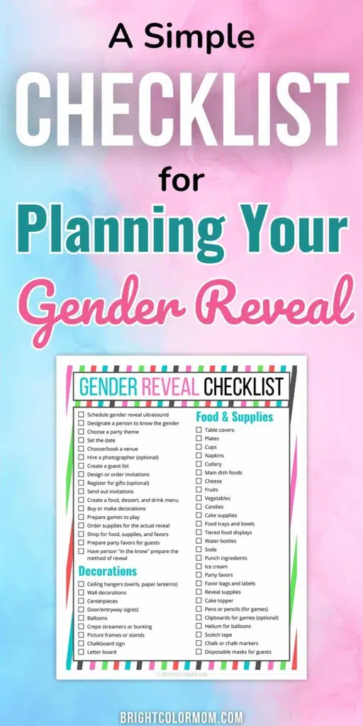 gender reveal checklist page on a blue and pink marble background