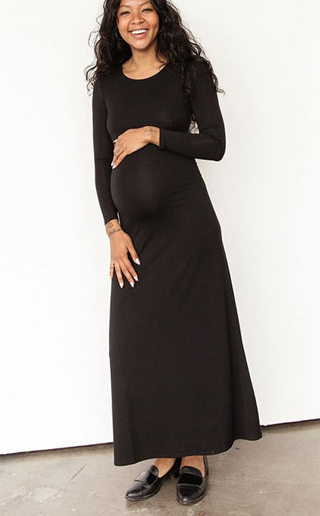 pregnant woman wearing a black maxi dress