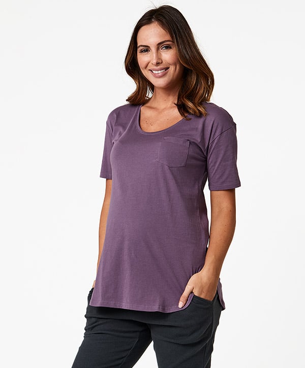 pregnant woman wearing a purple maternity pocket t-shirt