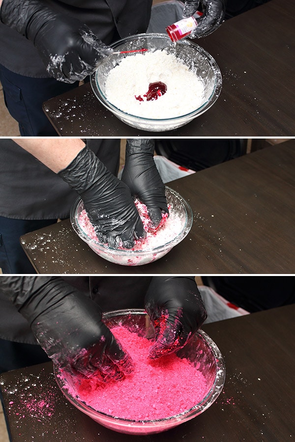 series of photos showing pink icing coloring being added to cornstarch and thoroughly combined with gloved hands