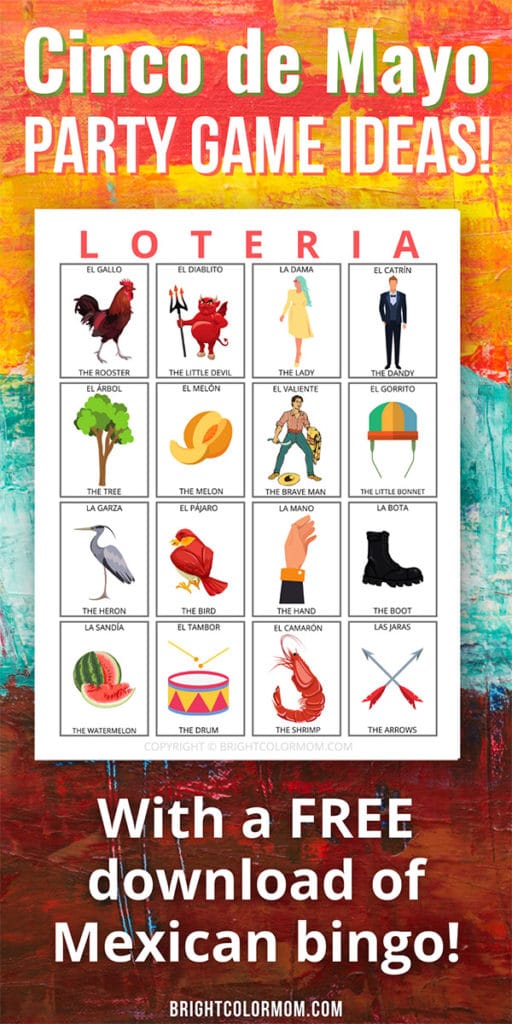 image of a Mexican loteria bingo card with the text "Cinco de Mayo Party Game Ideas with a FREE download of Mexican bingo!"