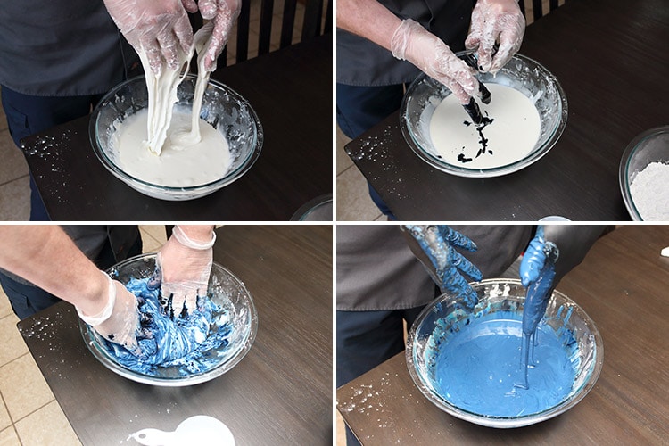 collage of four images showing wet, slimy cornstarch having blue icing coloring added to it and thoroughly mixed by gloved hands