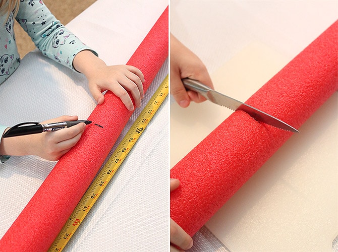 pictures showing how to use a tape measure and marker to mark where to cut a pool noodle with a serrated knife