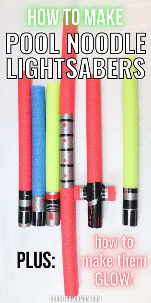 text: "How to make pool noodle lightsabers. Plus: how to make them glow!" over an image of various Star Wars-style pool noodle lightsabers
