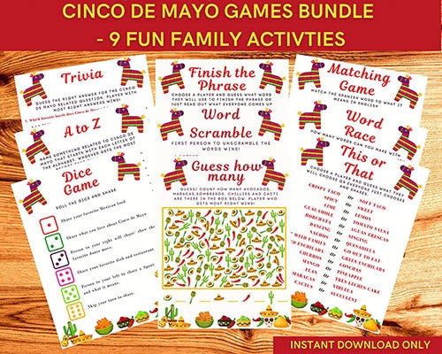nine different Cinco de Mayo-related games printed on regular paper lying on a table
