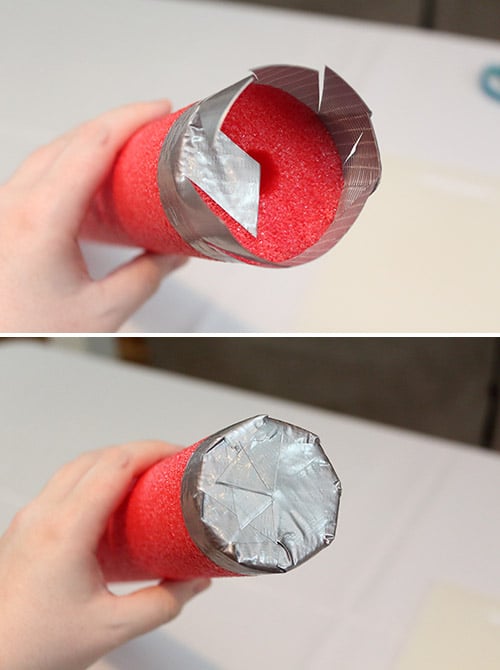 how to snip overhanging duct tape so it folds in a neat spiral over the end of a pool noodle