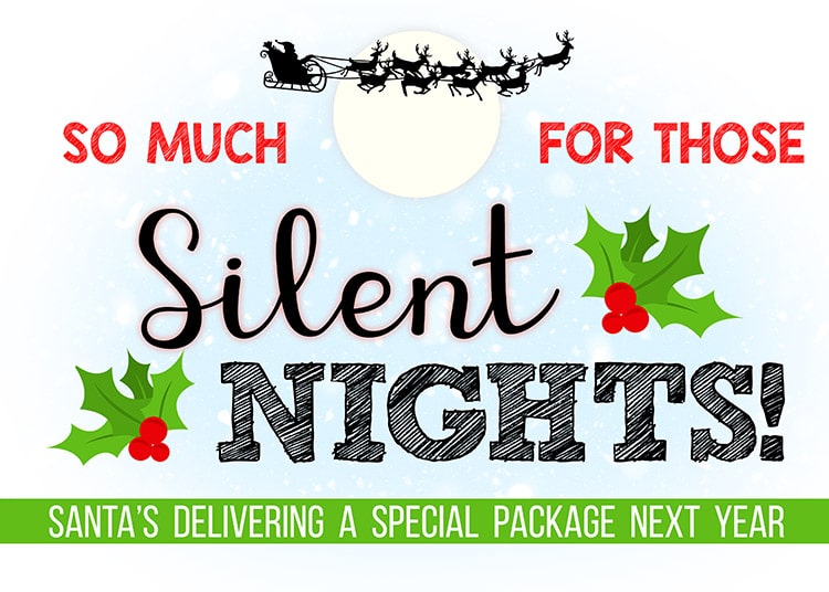 silhouette of Santa and his reindeer crossing a glowing full moon against a blue snowy airbrushed background with text reading "So much for those Silent Nights, Santa's delivering a special package next year!"