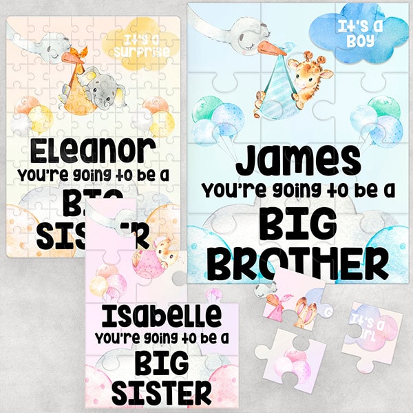 custom puzzles featuring a stork that says "you're going to be a big brother/sister"