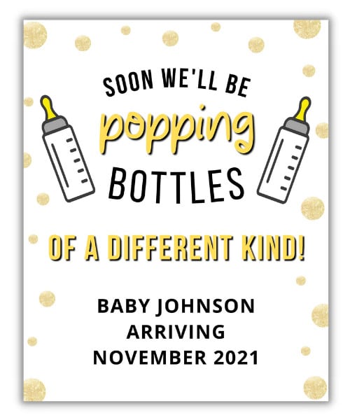 printable pregnancy announcement champagne or wine label about popping bottles as a pun referring to baby bottles
