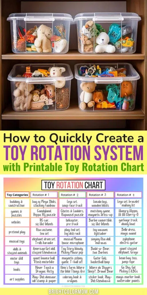 bins of toys on shelves are shown above a toy rotation chart