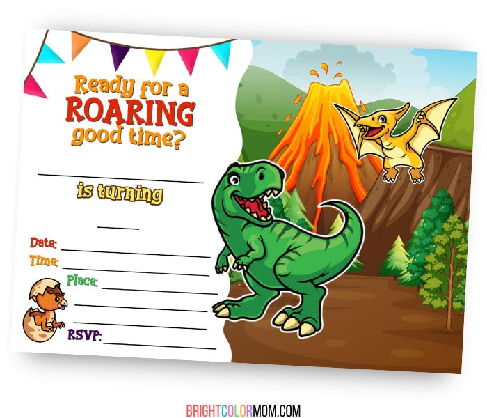 fill-in printable birthday invitation featuring dinosaur vectors against a volcano background and the words "Read for a roaring good time?"