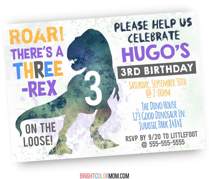 custom birthday invitation featuring the silhouette of a T-rex and the words "Roar! There's a three-rex on the loose!"
