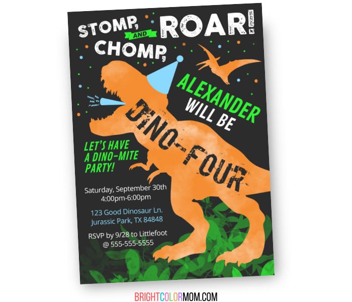 custom birthday invitation featuring the silhouettes of a T-rex and a pterodactyl and the words "stomp chomp and roar, [name] will be dino-four! let's have a dino-mite party"