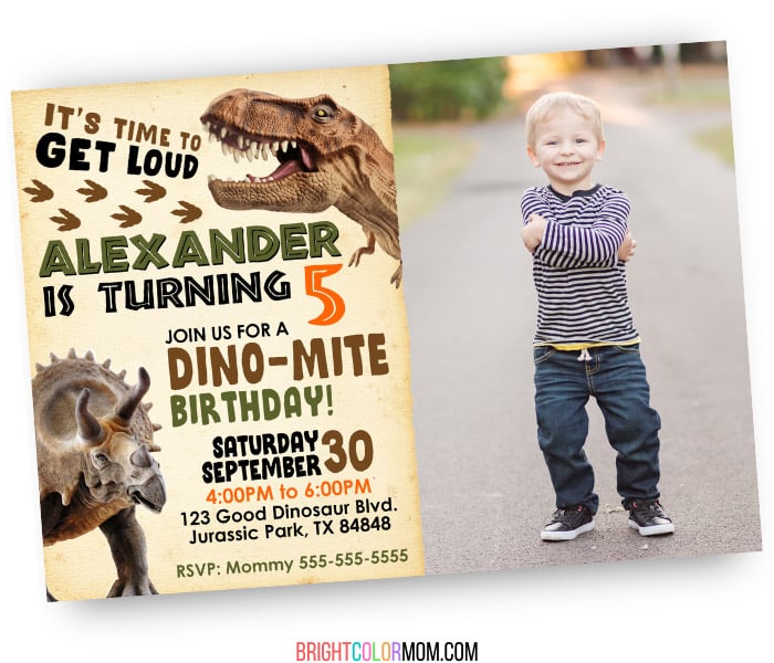 custom birthday invitation featuring realistic dinosaurs and the words "It's time to get loud! Come join us for a dino-mite birthday" with the photo of a young boy on the right side