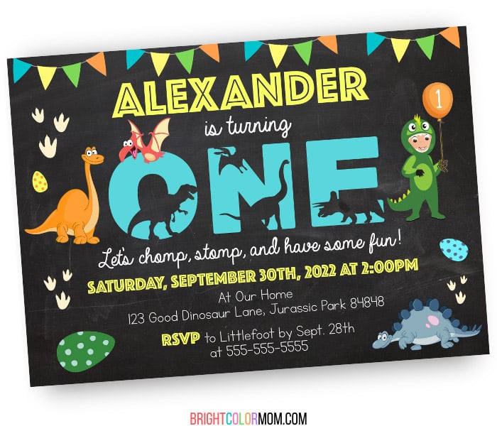 chalkboard-style custom first birthday invitation featuring vector dinosaurs and a boy in a dinosaur costume