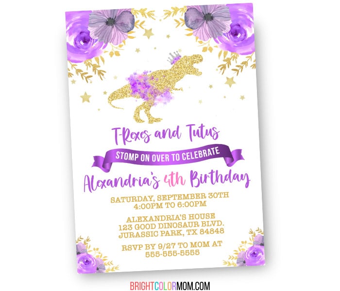 custom birthday invitation featuring a gold glitter T-rex silhouette wearing a purple and silver crown and purple floral tutu featuring the words "T-Rexes and Tutus"
