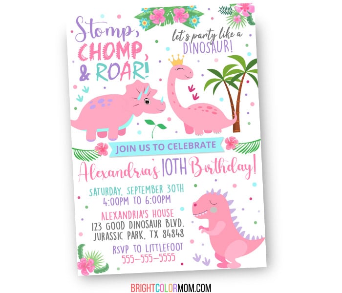 custom birthday invitation featuring pink dinosaurs and the words "Stomp chomp & roar! Let's party like a dinosaur!"
