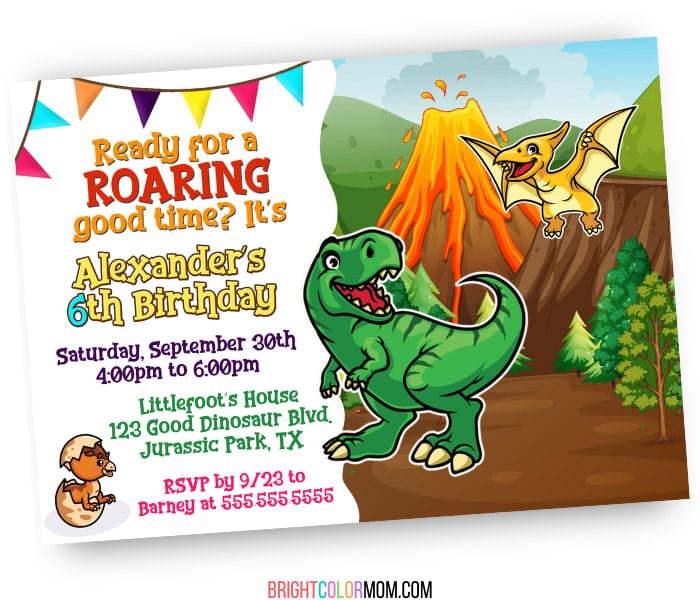 custom birthday invitation featuring dinosaur vectors against a volcano background and the words "Read for a roaring good time?"