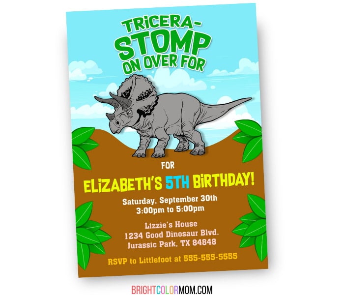 custom birthday invitation featuring a triceratops and the words "Tricera-stomp on over"