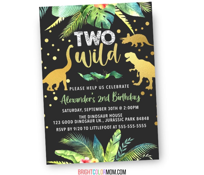 custom birthday invitation featuring gold shimmer dinosaur silhouettes and the words "Two Wild"