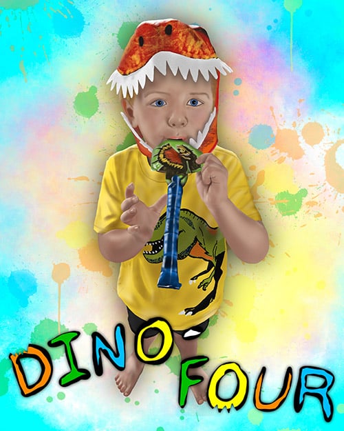 artistic rendering of a young boy wearing a dinosaur shirt and T-rex costume head using a dinosaur party blower with the words "Dino-Four"