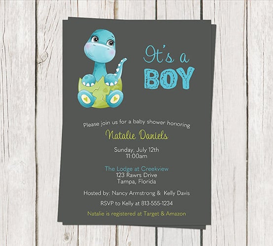 custom baby shower invitation featuring a blue dinosaur hatching from an egg
