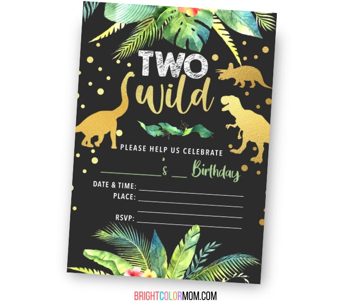 fill-in birthday invitation featuring gold shimmer dinosaur silhouettes and the words "Two Wild"