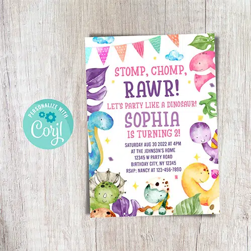 editable birthday invitation featuring pastel-colored dinosaurs