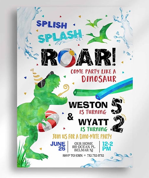 custom pool party birthday invitation featuring a T-rex and pterodactyl