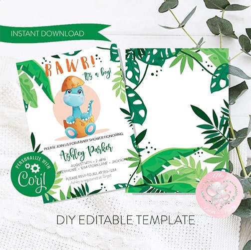 editable baby shower invitation featuring a dinosaur hatching from an egg