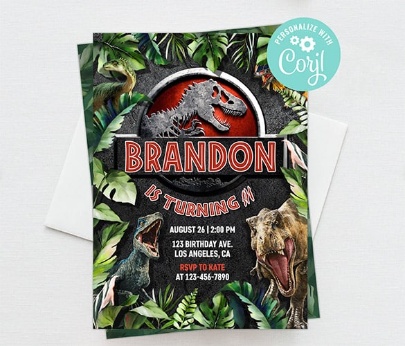 custom birthday invitation featuring a Jurassic World theme