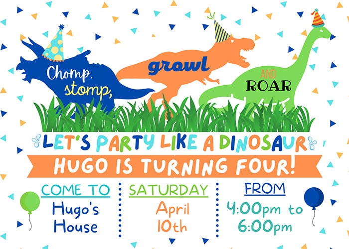 custom fourth birthday invitation featuring dinosaur silhouettes