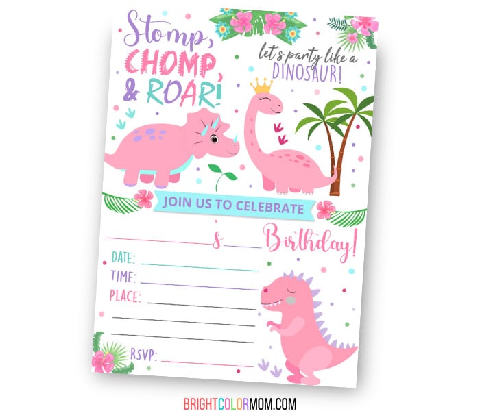 fill-in printable birthday invitation featuring pink dinosaurs and the words "Stomp chomp & roar! Let's party like a dinosaur!"