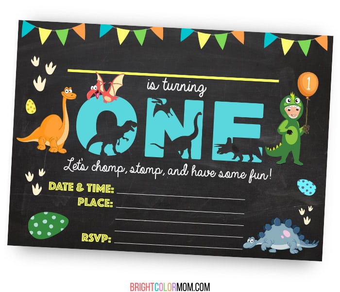 chalkboard-style fill-in first birthday invitation featuring vector dinosaurs and a boy in a dinosaur costume
