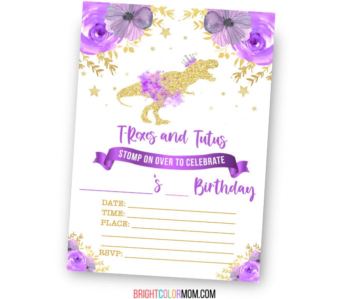 fill-in printable birthday invitation featuring a gold glitter T-rex silhouette wearing a purple and silver crown and purple floral tutu featuring the words "T-Rexes and Tutus"