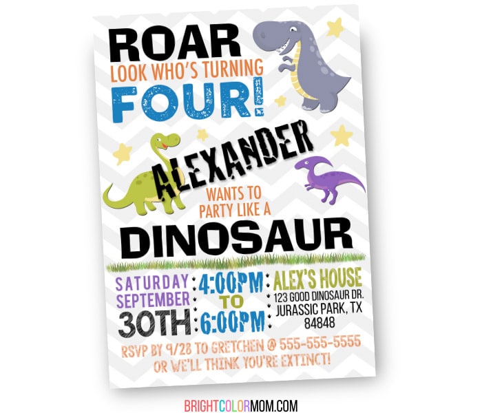 custom dinosaur invitation featuring dinosaurs and the words "Roar, look who's turning Four! [Name] wants to party like a dinosaur"