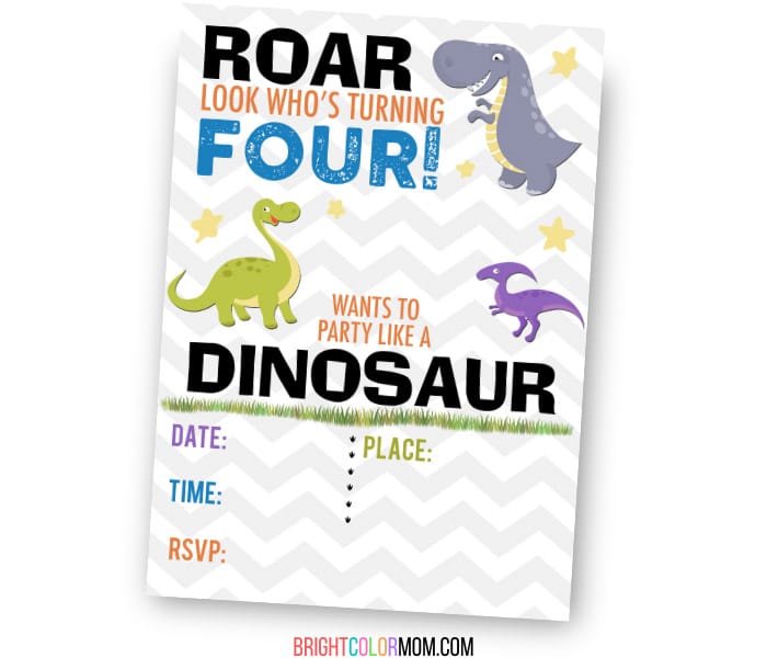 fill-in birthday invitation featuring dinosaurs and the words "Roar, look who's turning Four! [Name] wants to party like a dinosaur"