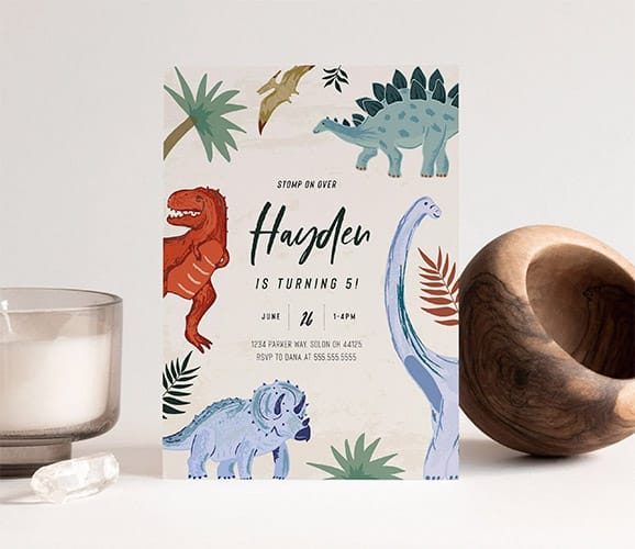 minimalist modern birthday invitation featuring watercolor dinosaurs