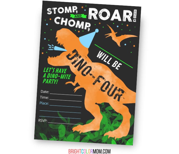 fill-in birthday invitation featuring the silhouettes of a T-rex and a pterodactyl and the words "stomp chomp and roar, [name] will be dino-four! let's have a dino-mite party"